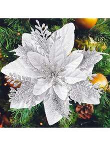 圣诞一品红人造花装饰 5.5 英寸圣诞树花环花环装饰 5 件闪光花饰装饰 适用于圣诞节新年婚礼派对装饰品、圣诞装饰、圣诞节、房间装饰、厨房、圣诞树 - 彩色 - 查看 10