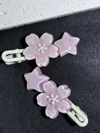 2/4/6pcs浪漫甜美粉色樱花波浪发夹可爱软萌星星发夹女生风侧夹