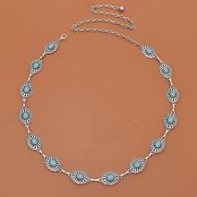 Women's Silver-Tone Turquoise Flower Chain Belt - Zinc Alloy Western Cowgirl Jeans, Dresses - Plus Size Beach Wedding Party Festival Sports Accessory - Rivet Matte Oval Disc Decor Summer, School Fall, Autumn, Halloween - Silver/Black Sapphire - View 13