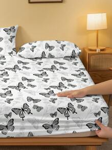 1pc  Butterfly White Background Butterfly Print Percale Fitted Sheet, Bedroom Printed Bed Cover, Bedding (Pillowcase Not Included) - Multicolor - View 4