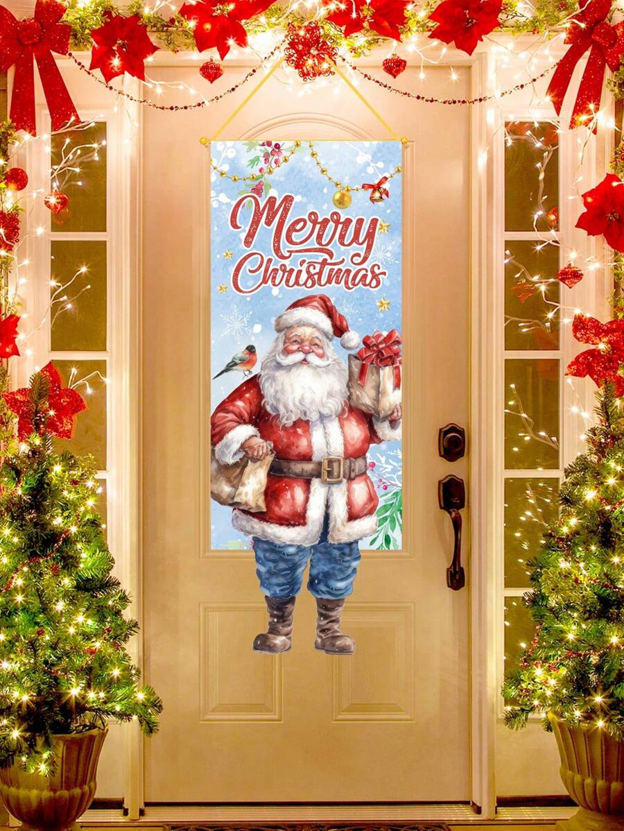 1 件全新圣诞圣诞老人图案设计涤纶挂旗，完美装饰家庭圣诞 2025 新年派对墙壁背景，圣诞 2025 新年礼物门帘装饰背景横幅背景布挂毯庭院花园装饰花园旗帜，圣诞节