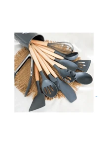 Kitchen Set Kit With 12 Silicone Pieces, Utensils And Cup Holder For Kitchen With Wooden Handle - Grey - View 3