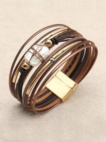 1pc Snake Pattern Leather Wrap Bracelet With Crystal Studs, Bohemian Style Wristband For Men, Gift For Women/Wife/Mother