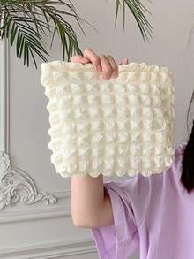 Minimalist Ruched Design Cosmetic Pouch, Solid Color Carry-On Bag, Multifunctional Makeup Bag Travel School School Supplies Travel Essentials Make Up Bag Holiday Essentials Holiday Back To School Cosmetic Bag Makeup Bags Makeup Pouch Beauty Homecoming - White - View 2