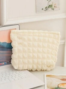 Minimalist Ruched Design Cosmetic Pouch, Solid Color Carry-On Bag, Multifunctional Makeup Bag Travel School School Supplies Travel Essentials Make Up Bag Holiday Essentials Holiday Back To School Cosmetic Bag Makeup Bags Makeup Pouch Beauty Homecoming - White - View 9