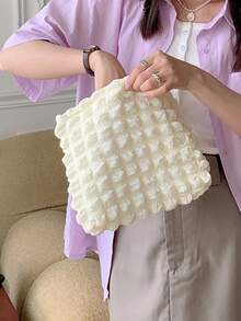 Minimalist Ruched Design Cosmetic Pouch, Solid Color Carry-On Bag, Multifunctional Makeup Bag Travel School School Supplies Travel Essentials Make Up Bag Holiday Essentials Holiday Back To School Cosmetic Bag Makeup Bags Makeup Pouch Beauty Homecoming - White - View 4