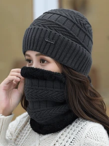 1 pieza Conjunto de gorro de punto y bufanda térmica de unicolor para mujer/hombre, apto para uso en exteriores, calles y uso diario en otoño/invierno, gorro unisex de moda, regalo ideal