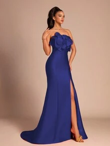 Smilprince Đầm dạ hội hở lưng xẻ cao thanh lịch sang trọng thời trang mới cho nữ, váy dạ hội trang trọng, dành cho khách dự tiệc cưới, tốt nghiệp, tiệc tối - Màu xanh hải quân - Xem 6