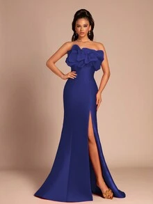 Smilprince Đầm dạ hội hở lưng xẻ cao thanh lịch sang trọng thời trang mới cho nữ, váy dạ hội trang trọng, dành cho khách dự tiệc cưới, tốt nghiệp, tiệc tối - Màu xanh hải quân - Xem 3