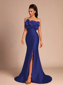 Smilprince Đầm dạ hội hở lưng xẻ cao thanh lịch sang trọng thời trang mới cho nữ, váy dạ hội trang trọng, dành cho khách dự tiệc cưới, tốt nghiệp, tiệc tối - Màu xanh hải quân - Xem 4