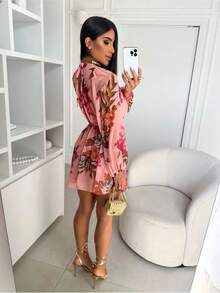 Women's V-Neck Long Sleeve Floral Chiffon Romper - Nền màu hồng - Xem 2