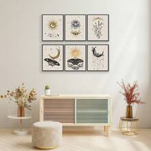 6pcs Unframed Abstract Canvas Wall Art Prints, Boho Golden Colors Esoteric Alchemy Mystical Magic Posters, Crescent, Sun, Stars, Floral Elements, Moth, Occultism Wall Decor