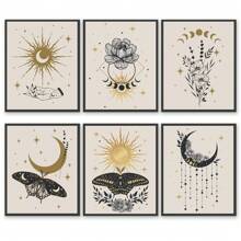 6pcs Unframed Abstract Canvas Wall Art Prints, Boho Golden Colors Esoteric Alchemy Mystical Magic Posters, Crescent, Sun, Stars, Floral Elements, Moth, Occultism Wall Decor