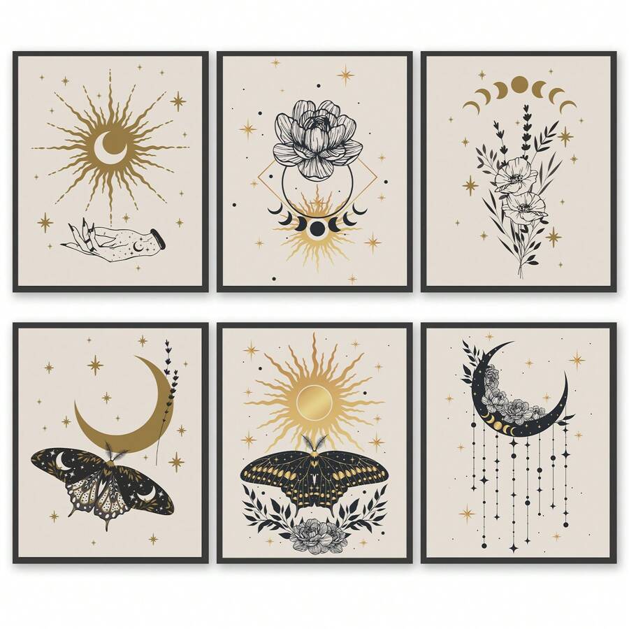 6pcs Unframed Abstract Canvas Wall Art Prints, Boho Golden Colors Esoteric Alchemy Mystical Magic Posters, Crescent, Sun, Stars, Floral Elements, Moth, Occultism Wall Decor