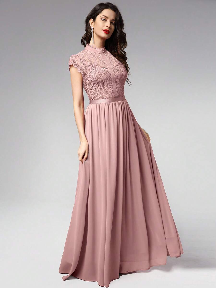 MIUSOL Đầm dự tiệc chi tiết ren tương phản viền ruy băng - Hồng - Xem 1