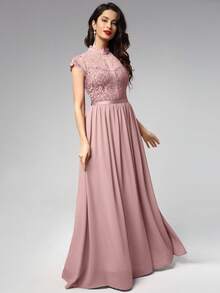 MIUSOL Đầm dự tiệc chi tiết ren tương phản viền ruy băng - Hồng - Xem 4