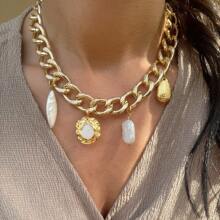 1入組時尚巴洛克珍珠金屬復古美人魚天然石頭與金幣設計海洋沙灘日常禮物女士鏈扣手鐲 - 金色 - 查看 7