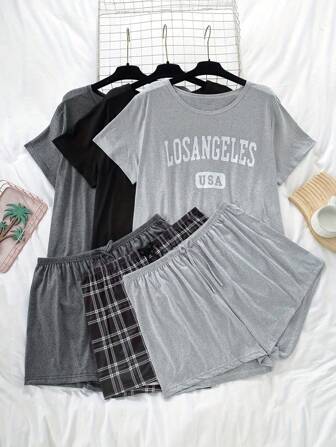 6pcs Plus Size Women Casual Pajama Set, Including Short Sleeve Letter & Plaid Print Tops And Shorts, 6pcs Lounge Wear