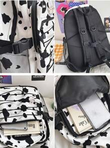 Canvas & Nylon Faux Animal Print Backpack - Retro, Vintage-Inspired Leopard, Cow, Zebra Patterns, Large Capacity, Adjustable Padded Shoulder Straps, Suitable For Students, Travel, Back To School - Black and White - View 7
