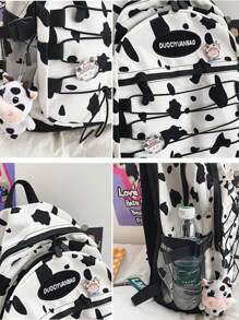 Canvas & Nylon Faux Animal Print Backpack - Retro, Vintage-Inspired Leopard, Cow, Zebra Patterns, Large Capacity, Adjustable Padded Shoulder Straps, Suitable For Students, Travel, Back To School - Black and White - View 6