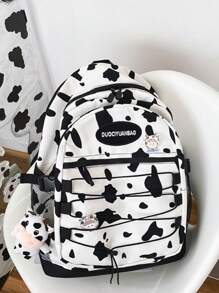 Canvas & Nylon Faux Animal Print Backpack - Retro, Vintage-Inspired Leopard, Cow, Zebra Patterns, Large Capacity, Adjustable Padded Shoulder Straps, Suitable For Students, Travel, Back To School - Black and White - View 8