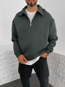Sudadera casual de hombre con cremallera y cuello en color liso