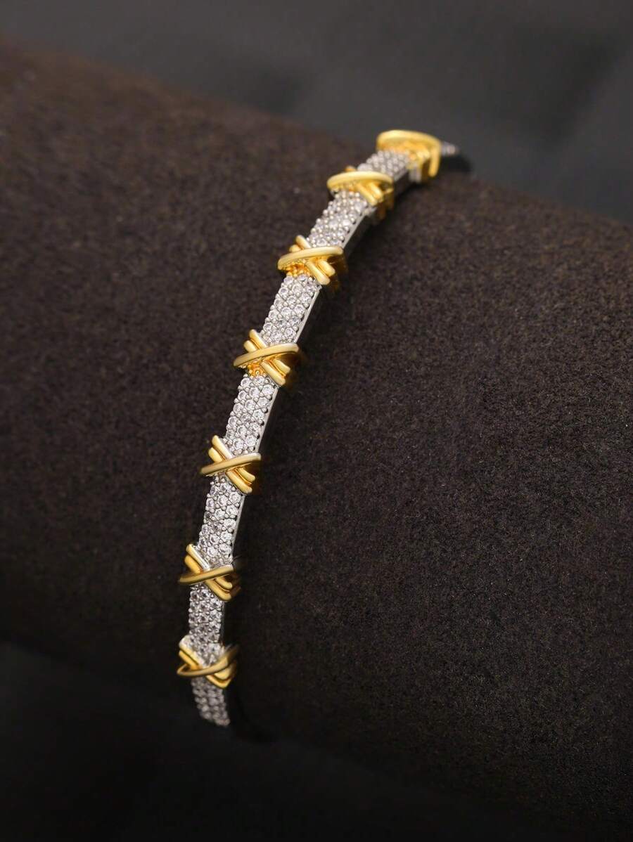 1pc Vintage Luxury Stainless Steel X-Shaped Bangle Bracelet, Suitable For Women Daily Wear