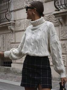 女士粗针织高领宽松纯色毛衣、针织打底衫 - 白色 - 查看 6