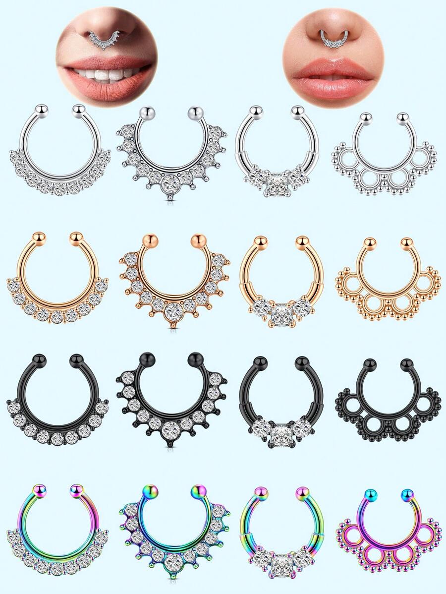 1 件装夹式鼻环套装镶嵌闪亮锆石简约假穿孔鼻环首饰日常佩戴