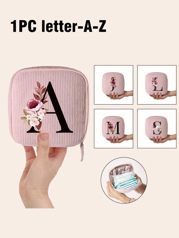 1pc Flowers Letter Pattern Sanitary Pads Storage Bag Portable Pouch Large Capacity, Women Tampon Storage Bag Sanitary Pad Pouch Napkin Cosmetic Bags Organizer Ladies Makeup Bag Girls For Lipstick, Brush, Skincare, Mobile Phone, Coin, Small Items, For Home, Gift, Vacation And Festival Halloween Christmas Multifunctional Use,Boho Vibes