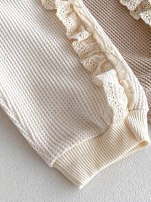 2 piezas Conjunto de sudadera de manga larga y pantalones con estampado floral y volantes lindo para niñas pequeñas, primavera otoño - Albaricoque - Ver 8