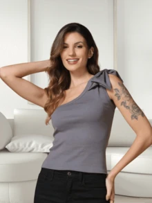 Women's Blouse With No Sleeves And Bow - Ribbed Cotton Knit Fabric - 深灰色 - 查看 2