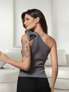 Women's Blouse With No Sleeves And Bow - Ribbed Cotton Knit Fabric - 深灰色 - 查看 4