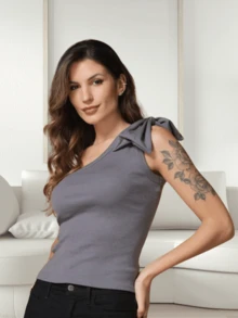 Women's Blouse With No Sleeves And Bow - Ribbed Cotton Knit Fabric - 深灰色 - 查看 3