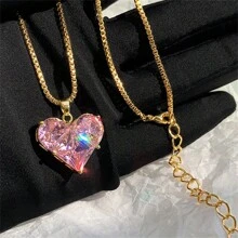 1pc Sparkling Pink Gemstone Pendant Necklace, Uniquely Feminine Valentine's Day Valentines School - Multicolor - View 2