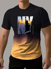 男士休闲字母印花短袖 T 恤，春夏 - 黃色 - 查看 1