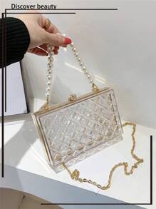Pearl Handle Acrylic Mini Box Bag, Transparent Rhombus Clasp Pouch, Fashion Women's Evening Clutch Party Box Bag - Clear - View 1