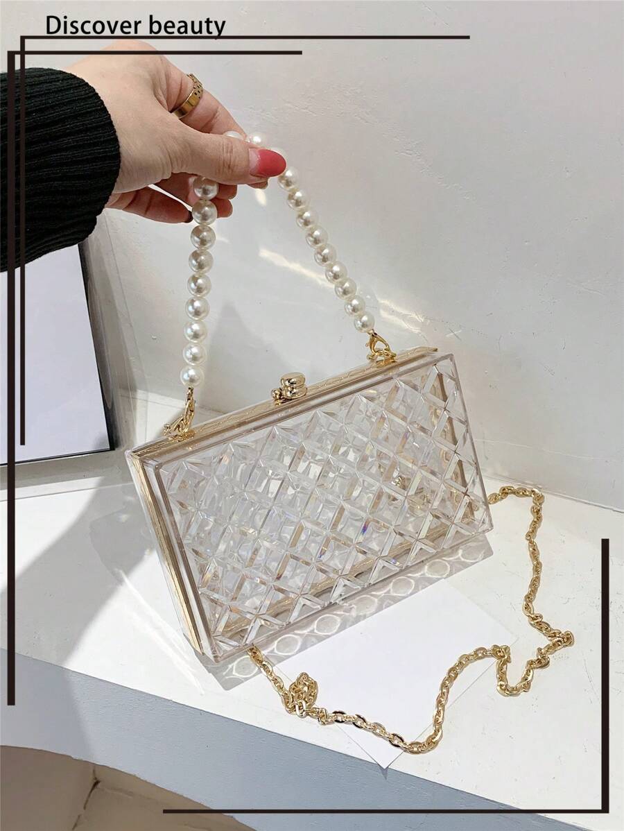 Pearl Handle Acrylic Mini Box Bag, Transparent Rhombus Clasp Pouch, Fashion Women's Evening Clutch Party Box Bag - Clear - View 1