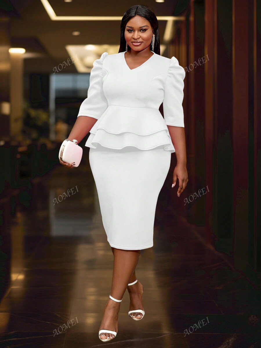 Plus Size Solid Color VNeck Mid Sleeve Top And FormFitting Dress Set
