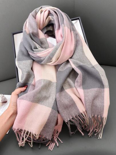 1 pieza Bufanda de mujer a cuadros retro rosa, bufanda de lujo de cachemira sintética casual - ultra suave, cálida, sin estiramiento, a prueba de frío con elegante flecos, chal de moda para otoño e invierno