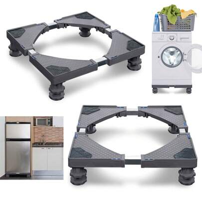 VA-Cerulean Washing Machine Base Gray Adjustable Washing Machine Base With Non-Slip Shock Absorption Function For Dryer Freezer Washing Machine Refrigerator 4 Feet / 8 Feet With Wheels
