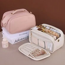 1 件奶油色欧式 PU 防水多层拉链化妆包，大容量化妆刷架，女士便携式多功能化妆品收纳包，旅行洗漱用品收纳 - 彩色 - 查看 6