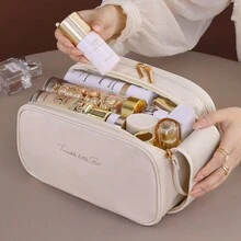 1 件奶油色欧式 PU 防水多层拉链化妆包，大容量化妆刷架，女士便携式多功能化妆品收纳包，旅行洗漱用品收纳 - 彩色 - 查看 5