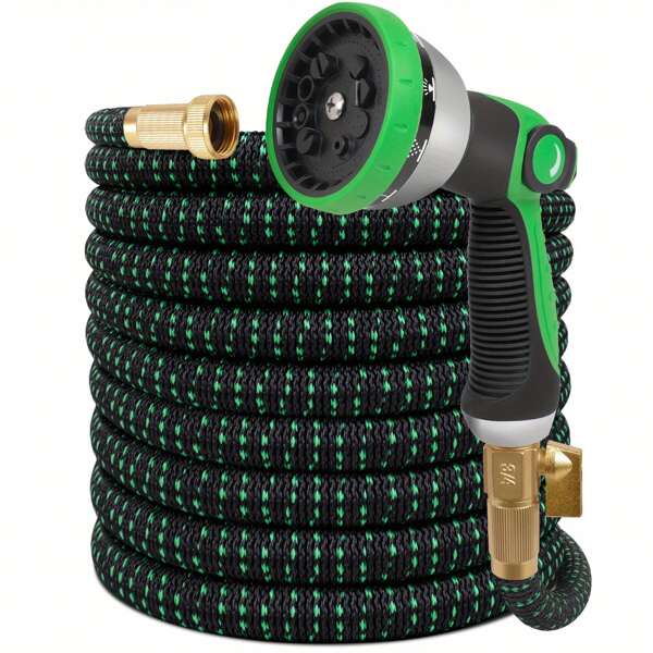 Expandable Garden Hose 100 Ft With10 Function Spray Nozzle, Flexible Expanding Water Hose 100ft Reliable 5 Layers Latex Core Lightweight Hose, Crafted With 3/4" Solid Brass Fittings And 3750D Extra-Strength Fabric For Outdoor, Yard(Black-Green)