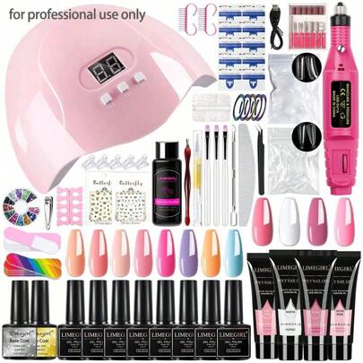 LIMEGIRL Lámpara LED de 48W para uñas, set de esmalte de uñas en gel de 8 tonos nude rosa, 4 bases y top coat en gel, pegamento para uñas, herramientas de manicura esenciales, kit de uñas en gel para hacer en casa