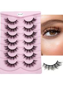 Asiteo 7对自然柔软精致假睫毛，3D蓬松仿貂毛睫毛，化妆假睫毛 - 黑色 - 查看 6