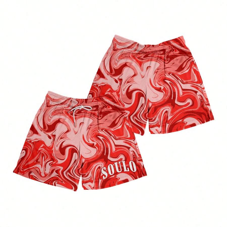 5 英寸内缝彩色大理石印花热带迷彩休闲可爱舒适网眼病毒迷彩运动时尚修身短裤，透气且多功能，适合篮球、高尔夫、海滩、健身房、跑步 - 街头服饰和男女通用风格健身夏装 - 紅色 - 查看 1
