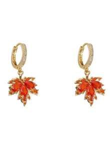 1pair High-End Red Crystal Maple Leaf Design Earrings, Elegant Women Earring Studs For Fall/Winter - Multicolor - View 5