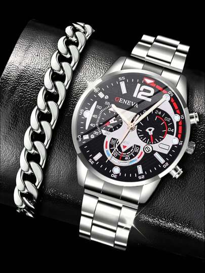 两枚男士商务腕表，银色钢表带石英表，带多功能数字计时功能，适合作为周年纪念礼物、学生返校礼物、万圣节促销礼品，不含礼盒