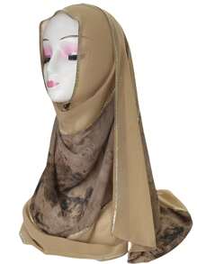 1pc Women's Fashion Patchwork Chiffon Printed Scarf, Contrast Color Casual Polyester Headscarf, Style Elegant Versatile Long Scarf, All Season